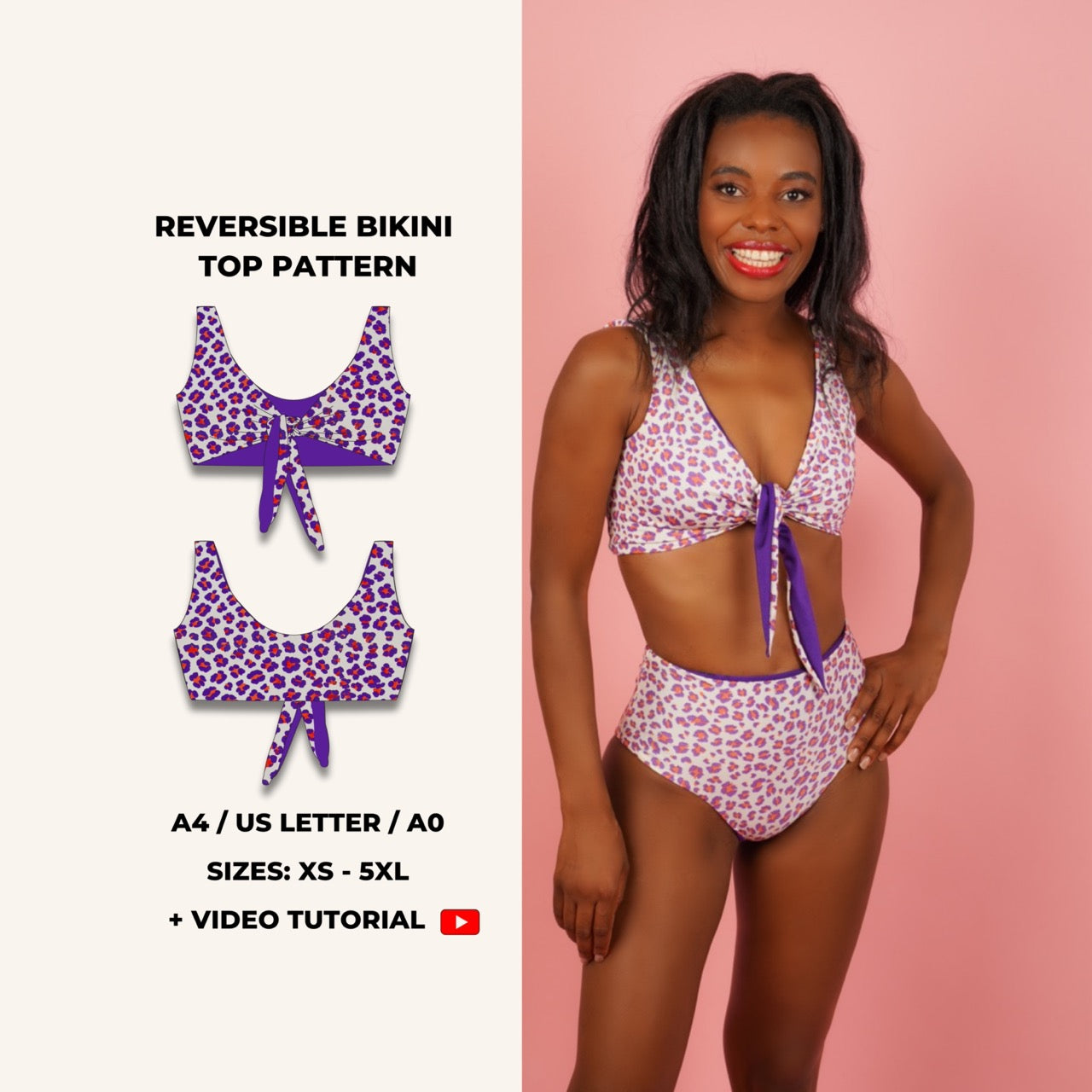 Patron de maillot de bain PDF Lily - Haut de bikini noué sur le devant avec nœud