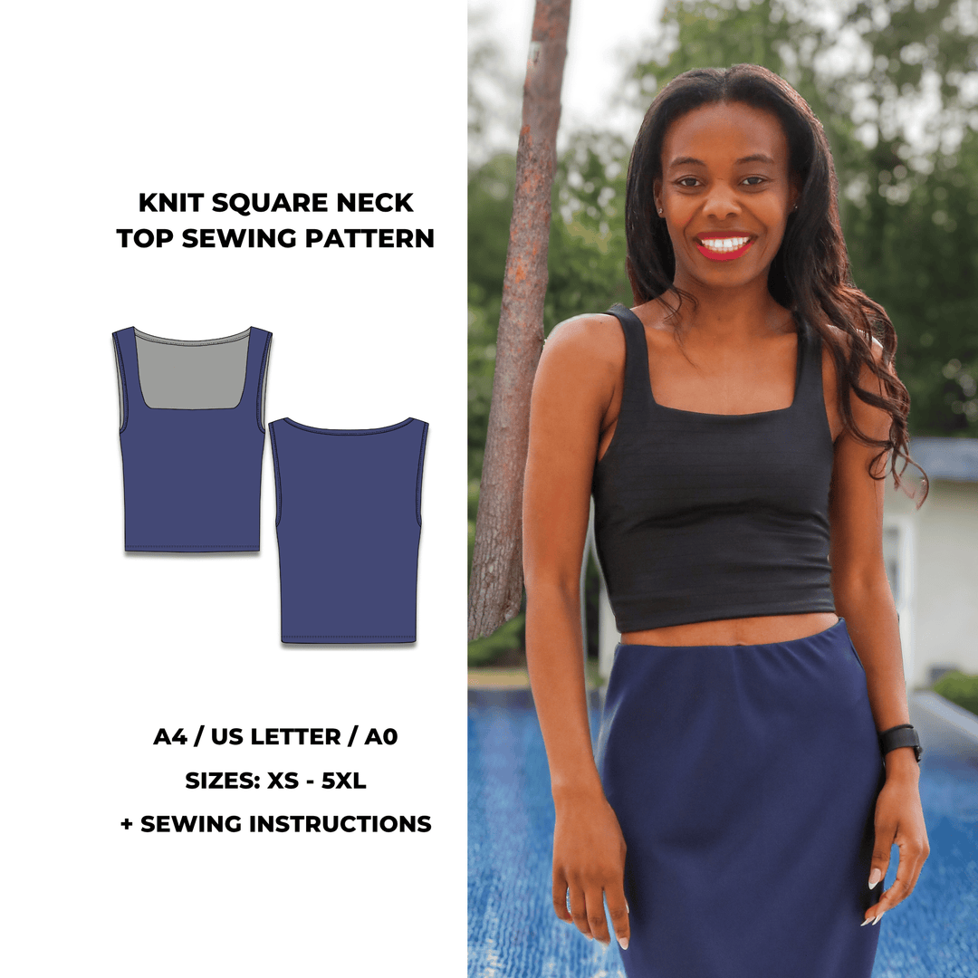 Knit square neck top sewing pattern with wide straps and fitted shape. Digital PDF pattern includes A4, US Letter, and A0 formats. Sizes XS, S, M, L, XL, 2XL, 3XL, 4XL, 5XL. Sewing instructions included.