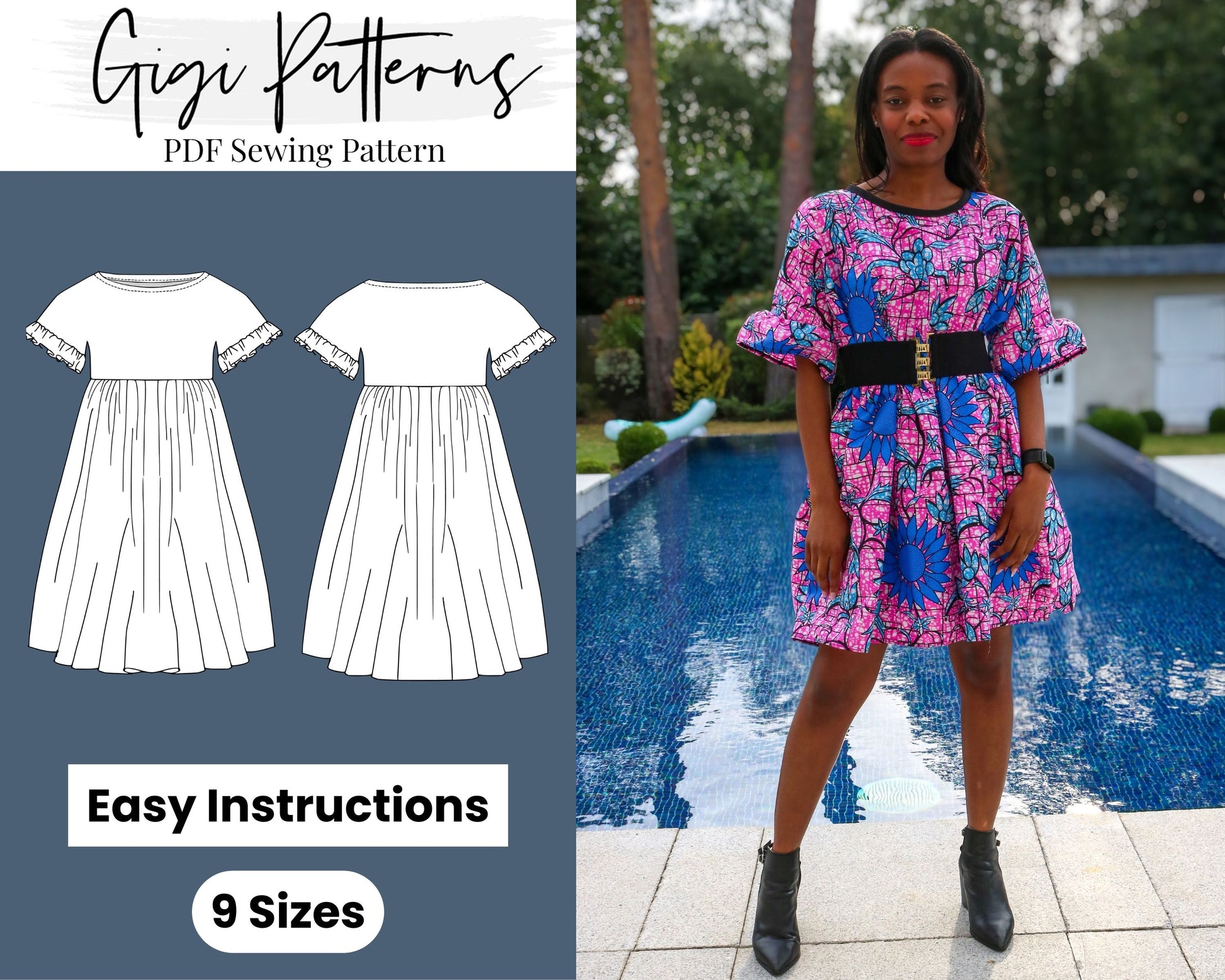 Short Sleeve Gathered Smock Dress Sewing Pattern | Womens Dress Sewing Pattern Pdf | Smock Dress Sewing | Instant Download Pattern | gigipatterns