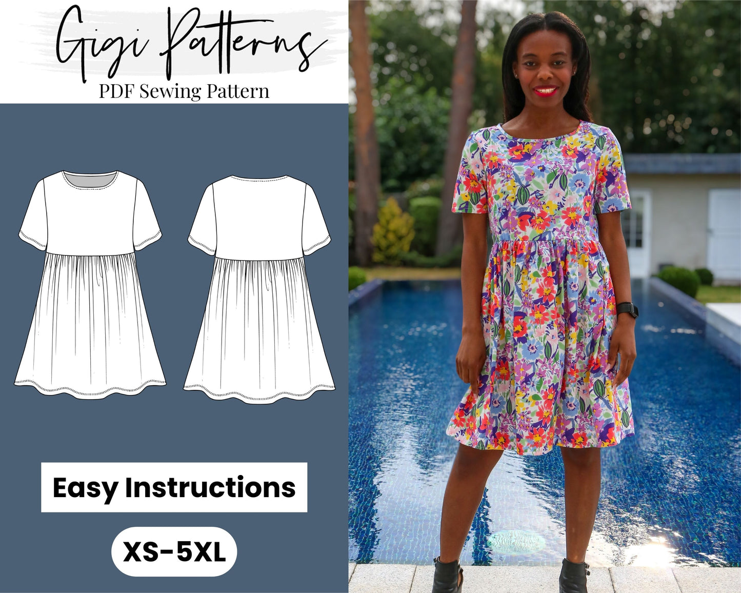 easy sewing pattern,beginner pattern,beginner sewing,pdf sewing pattern,dress patron,girl dress pattern,gathered dress,smock dress pattern,short sleeve pattern,cute dress pattern,woman top pattern,blouse pattern,smock dress