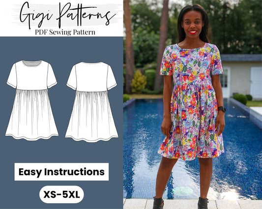 easy sewing pattern,beginner pattern,beginner sewing,pdf sewing pattern,dress patron,girl dress pattern,gathered dress,smock dress pattern,short sleeve pattern,cute dress pattern,woman top pattern,blouse pattern,smock dress