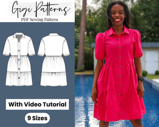 Button Front Ruffle Hem Smock Dress | Gathered Smock Dress Sewing Pattern | Smock Dress Sewing Pattern | Short Sleeve | Easy Digital PDF