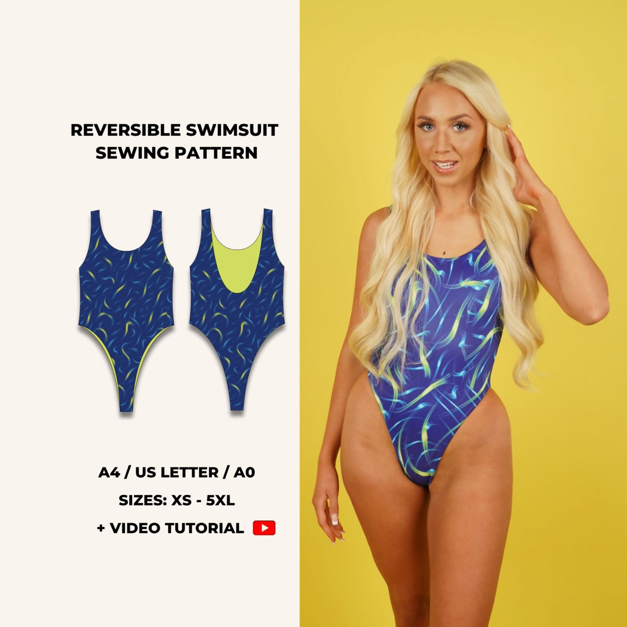 Patrón de traje de baño PDF Traje de baño de una pieza de corte súper alto XS-5XL 