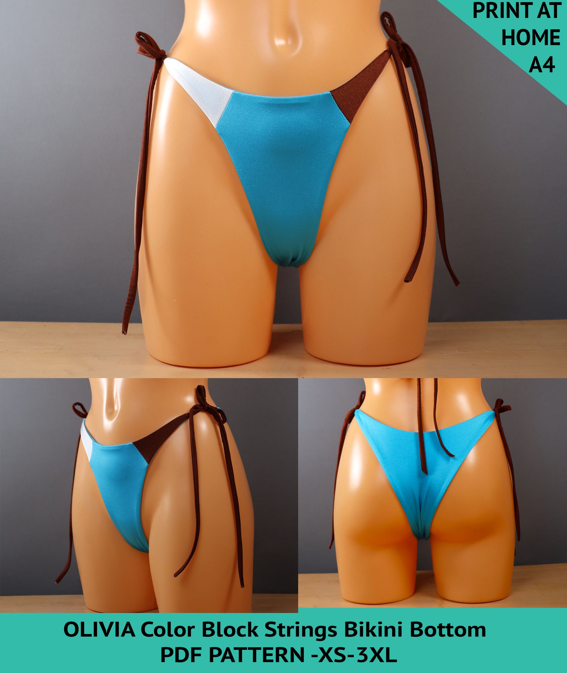 OLIVIA Color Block Strings Bikini Bottom Swimsuit Pattern - PDF SEWING PATTERN