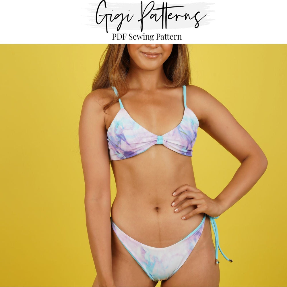 Reversible bikini bottom sewing pattern with four back coverage options: full, cheeky, Brazilian, and thong. Adjustable side-tie design. Includes sizes XS, S, M, L, XL, 2XL, 3XL, 4XL, 5XL. Comes as a PDF download in A4, US Letter, and A0 formats. Digital swimwear pattern with video tutorial for sewing beginners.