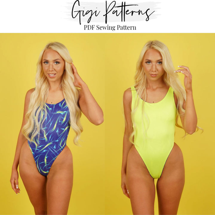 Reversible one-piece high cut swimsuit sewing pattern with scoop neckline and low back. Digital PDF includes A4, US Letter, and A0 formats. Sizes XS, S, M, L, XL, 2XL, 3XL, 4XL, 5XL. Includes step-by-step video tutorial. Swimwear pattern PDF, high leg swimsuit pattern, fashion designer sewing pattern.