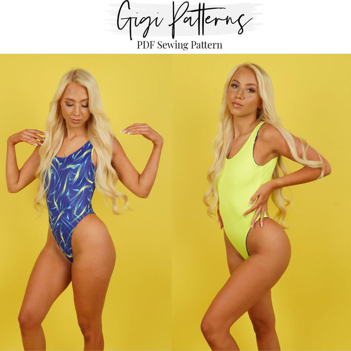 Reversible one-piece high cut swimsuit sewing pattern with scoop neckline and low back. Digital PDF includes A4, US Letter, and A0 formats. Sizes XS, S, M, L, XL, 2XL, 3XL, 4XL, 5XL. Includes step-by-step video tutorial. Swimwear pattern PDF, high leg swimsuit pattern, fashion designer sewing pattern.